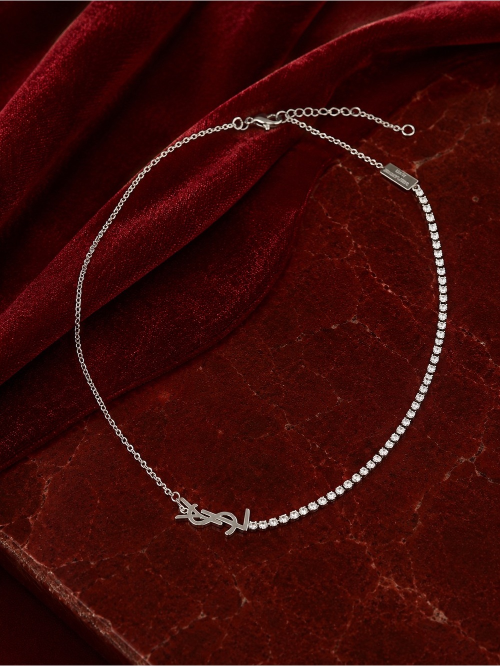 Silver YSL Monogram Rhinestone Tennis Chain Statement Necklace - Picture 3 of 7